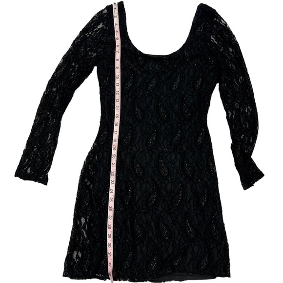 CURE Black Lace Bodycon Mini Dress Medium Scoop Back Long Sleeve Glitter Sheer - Picture 11 of 15
